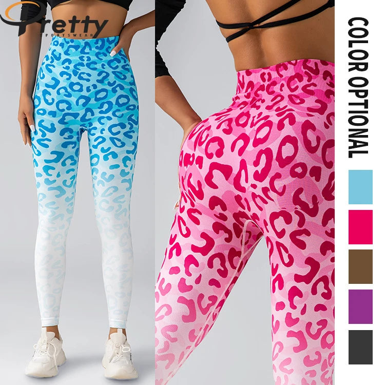 Wholesale Gradient Leopard Print Women's Pants Fitness Yoga Wear Sport High Waist Butt Lift Leggings Tie-Dye Seamless Yoga Pants