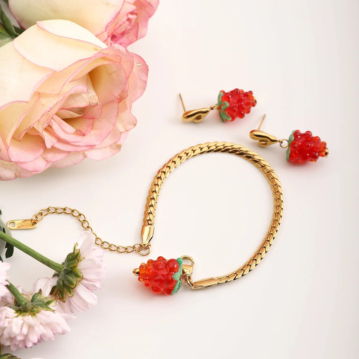 Summer Vacation Trendy Fruit Earrings and Bracelet Jewelry Set New Style Red Grape Pendant Stainless Steel for Engagement