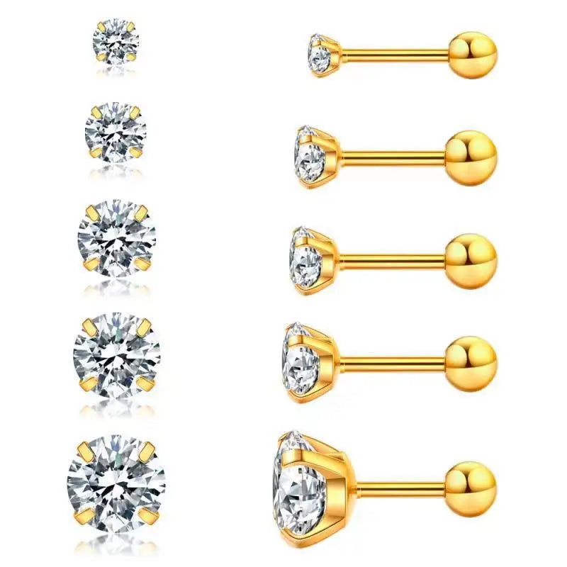 Daily Wear 18K Gold Girls Earrings Tiny Women's Stainless Steel Round Clear Cubic Zirconia Stud Earrings 2mm 3mm 4mm 5mm 6mm