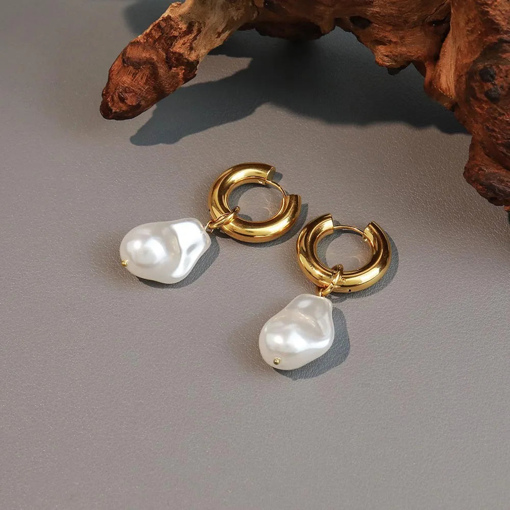 Shescity Trendy Elegant Style Gold Plated Drop Earrings Minimalist Baroque Pearl Jewelry Women Drop Earrings for Gifts