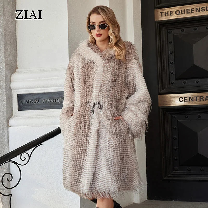 High-end Tassel Fur Coat for Women Winter Warm Loose Thickened Long Brown Fur Coat