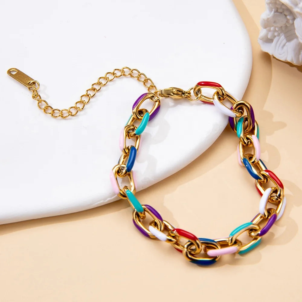 Tarnish Free PVD 18K Gold Plating Stainless Steel Enamel Chunky O Chain Bracelets