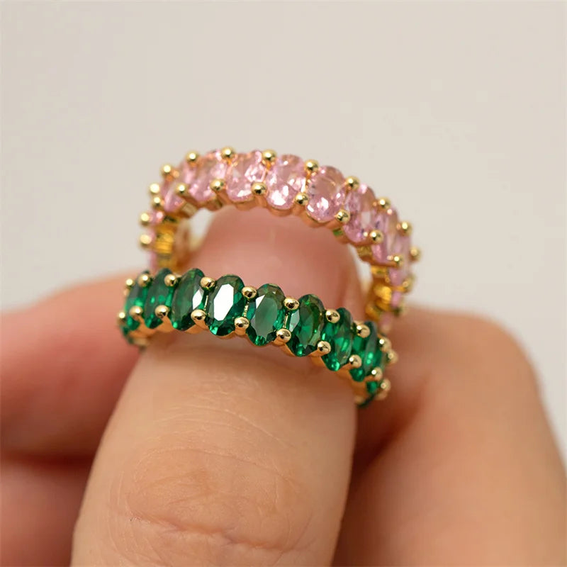 Oval Cut CZ Diamond Ring Waterproof Stainless Steel Non Tarnish Emerald Green Ring for Women