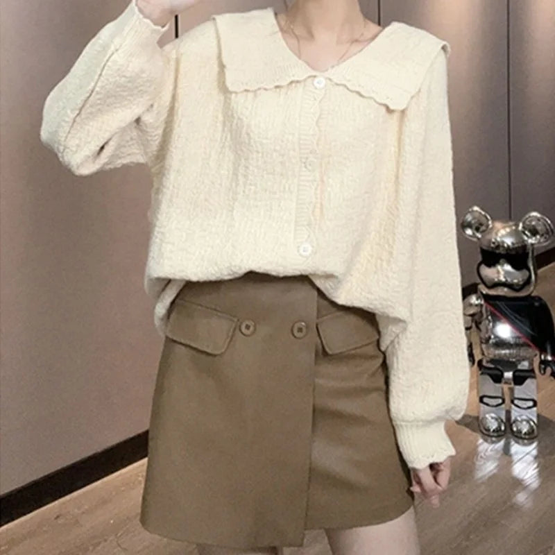 OEM/ODM Custom Design Ladies Casual Cardigan Sweater Jacket Single Breasted Button with Ruffles Collar Front Logo Position