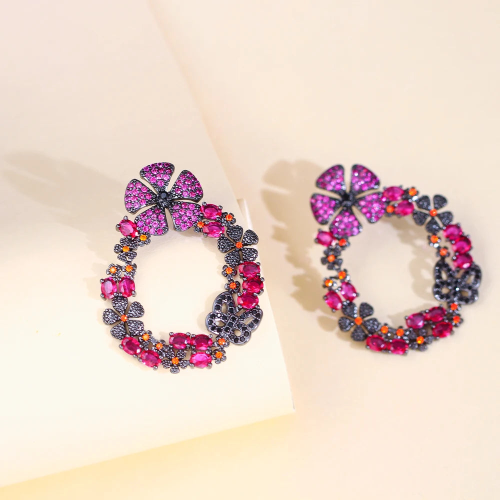 Beautiful Hot Pink Red Cubic Zircon Crystal Long Drop Flower Party Earrings for Women Elegant Wedding Bridal Jewelry