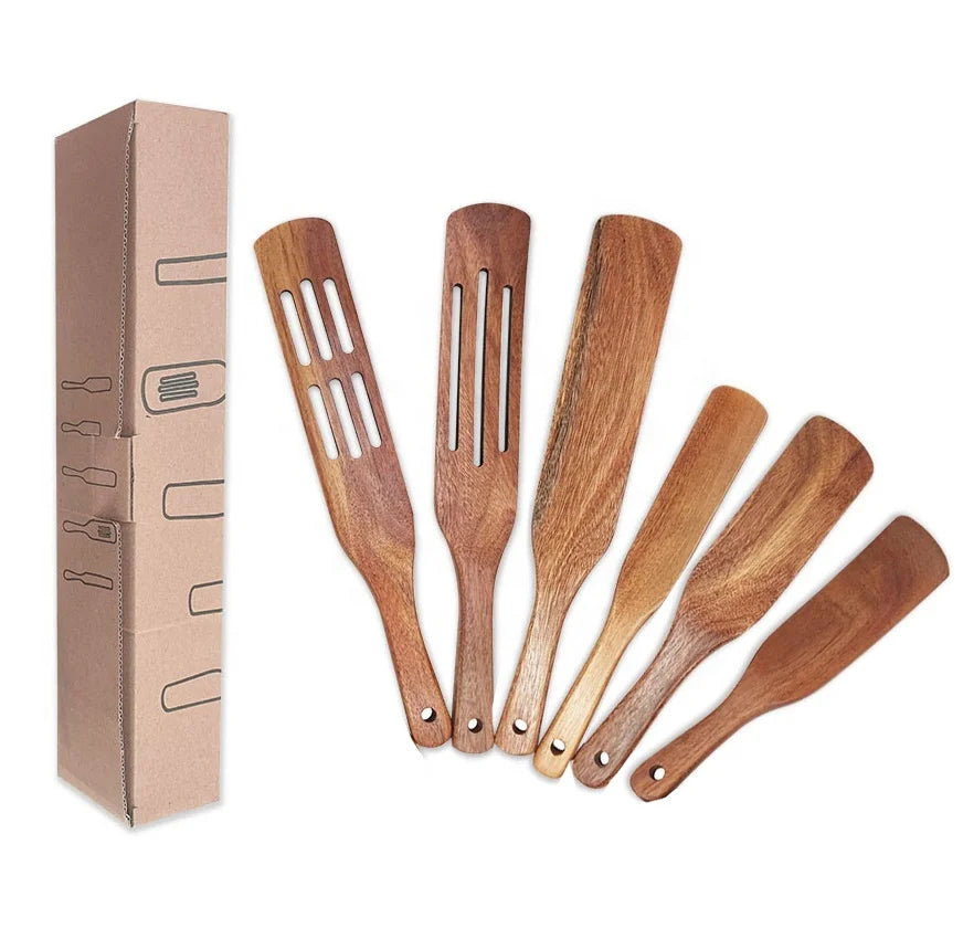 Wooden Spurtles Set of 5  Non-Stick Utensils Tools Durable Natural Wood Slotted Stirring Spatula