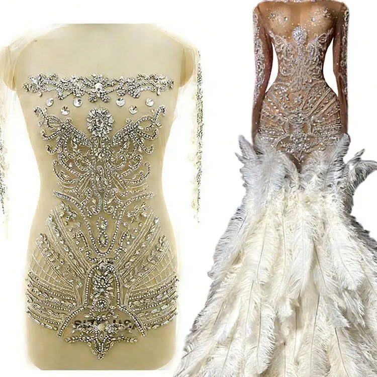 WDP-370 Keering Sew on Clear Crystal White Bridal Lace Rhinestone Applique Bodice Bedead for Long Dress Weeding