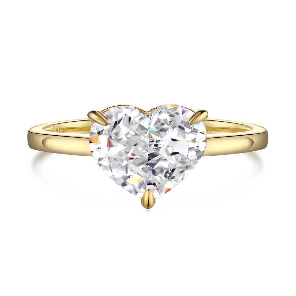Dylam Simple Design Women 925 Sterling Silver 18K Gold 3 Prong Setting Heart Shape 8A Zirconia Diamond Wedding Engagement Rings