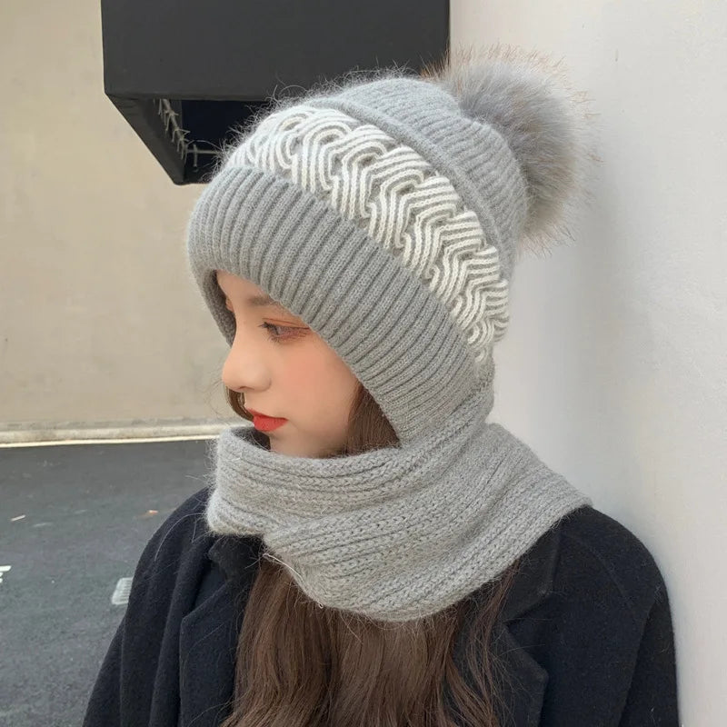 Custom logo Skull Cap Warm Trendy Chunky Winter Hat Stretchy Soft Winter Mohair Beanie Knit Hat with Scarf