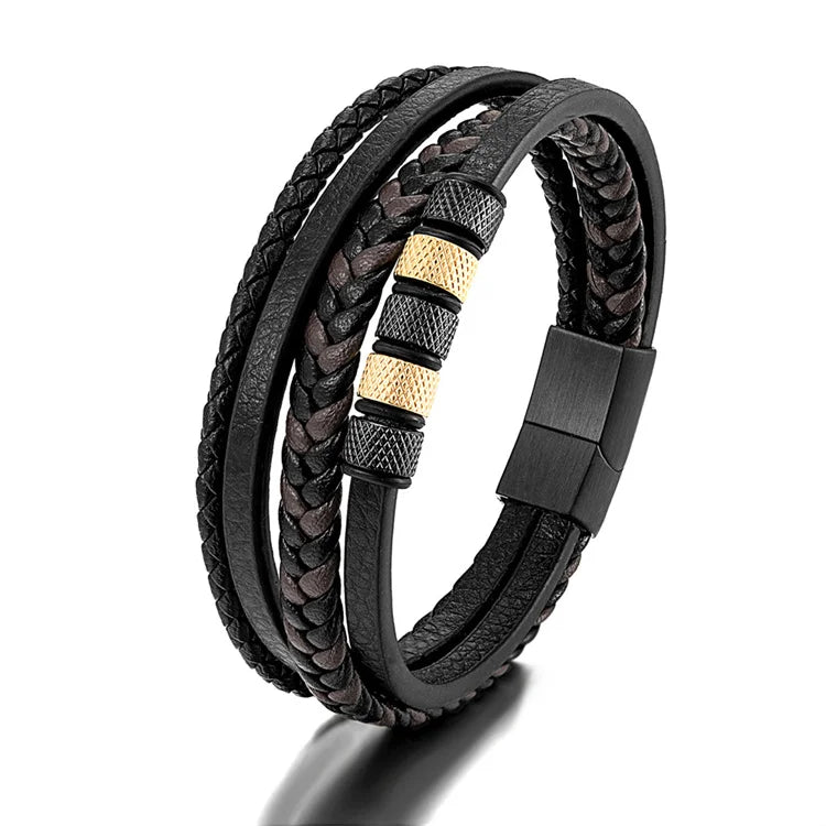 Good Quality Stainless Steel Beaded Bracelet Genuine Leather Wrap Multi-Layer Braided Leather Bracelet for Men