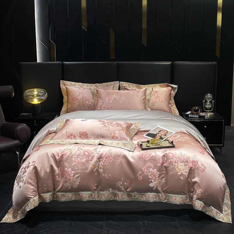 Luxury 4-Piece Duvet Cover Pink Jacquard Home Hotel Textiles Long Staple Fitted & Flat Sheets Cotton Bedding Set