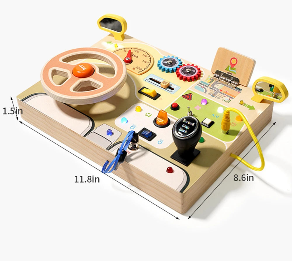 Hot Sale Electronic Busy Board Baby Wooden Sensory Analog Steering Wheel Circuit Busy Board Montessori Toys with Led Light