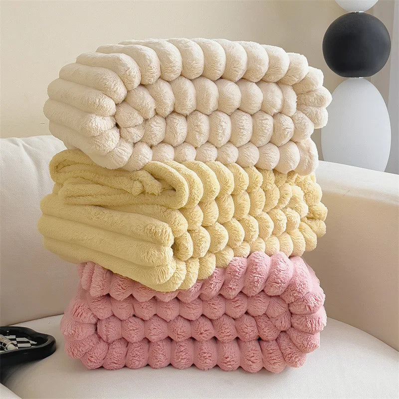 100% Polyester Fleece Throw Blanket Solid Striped Winter Bed Blanket Flannel Blanket for Christmas or Washable Soft Throw