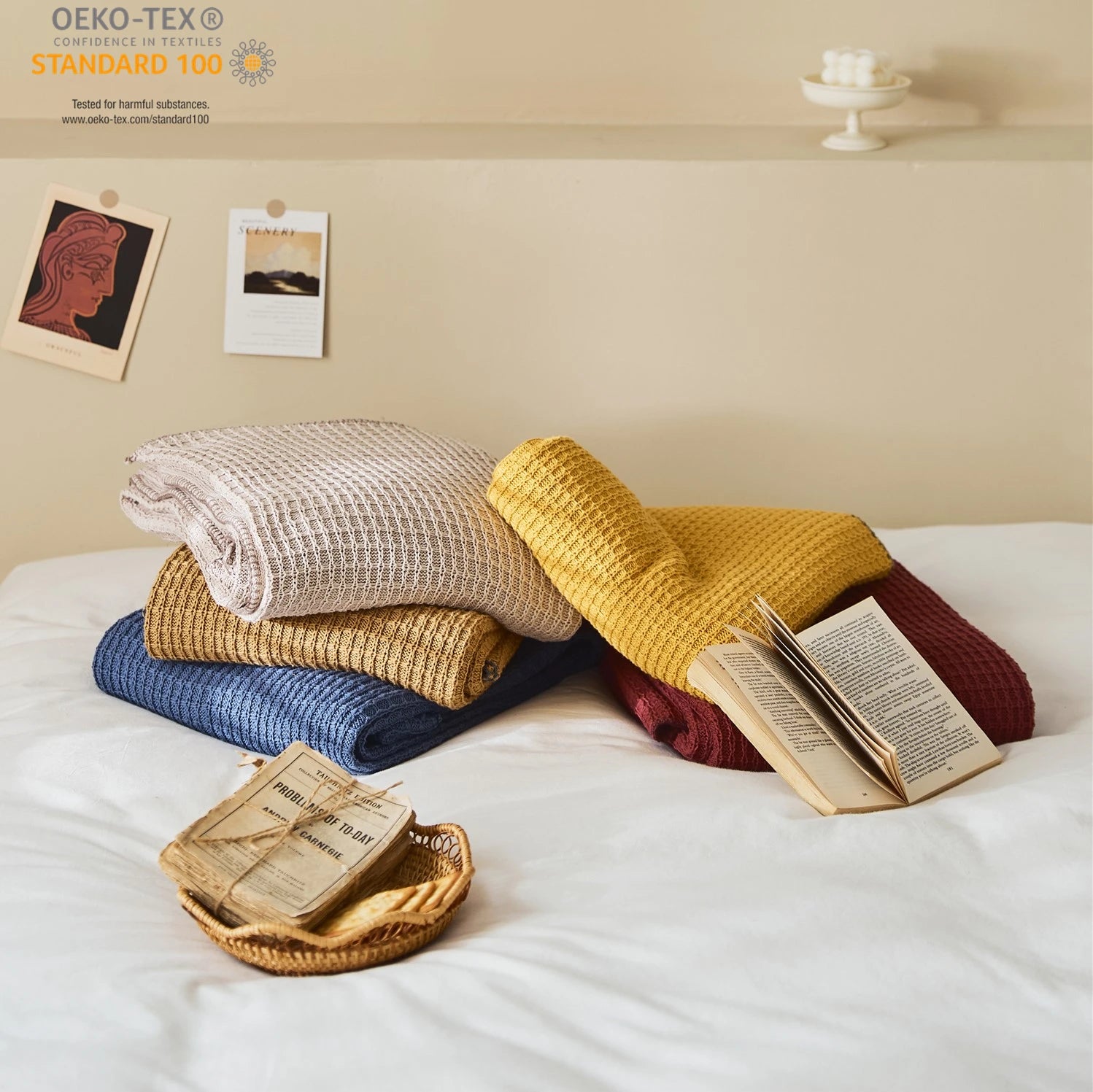 DWY Hot Sale Waffle Solid Decorative 100% Cotton Knitted Throw Blanket for Adults Bed Sofa