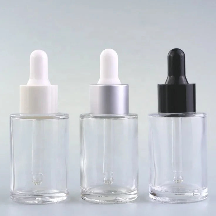 1 Ounce 30ml Clear Frosted Round Cylinder Glass Dropper Bottles for Skin Care Serum Essential Oil Cosmetic Packaging Custom Logo