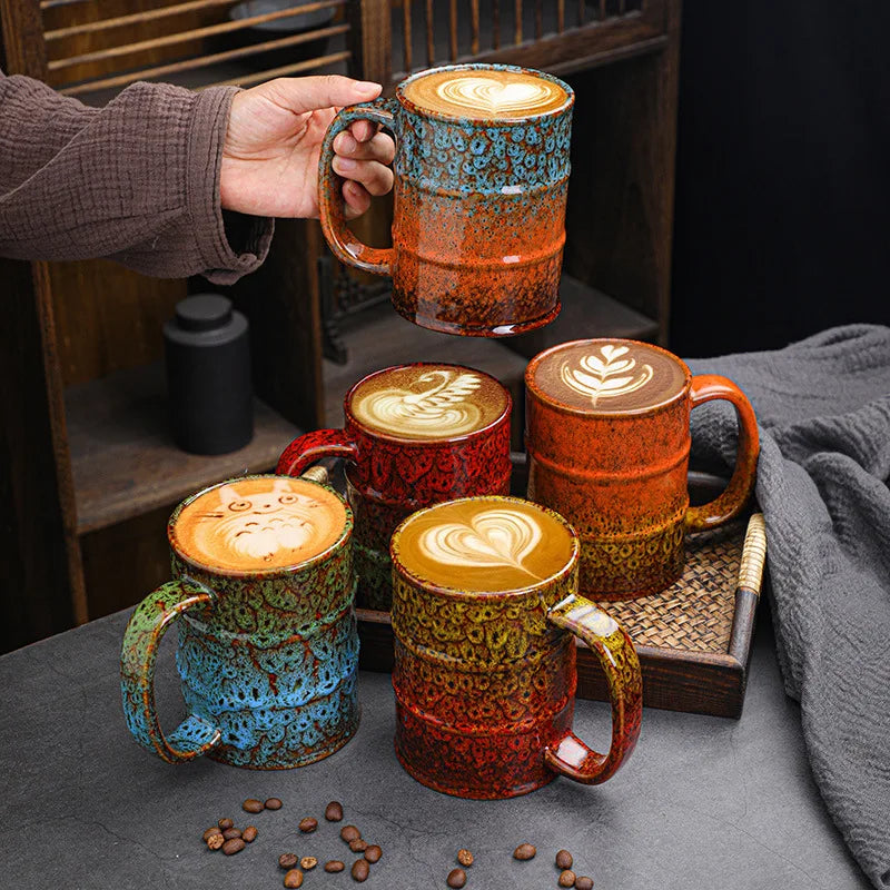 2024 New Products 600ml Large Capacity Custom Logo Kiln Change Oil Barrel Shape Porcelain Coffee Ceramic Coffee Mug Cup