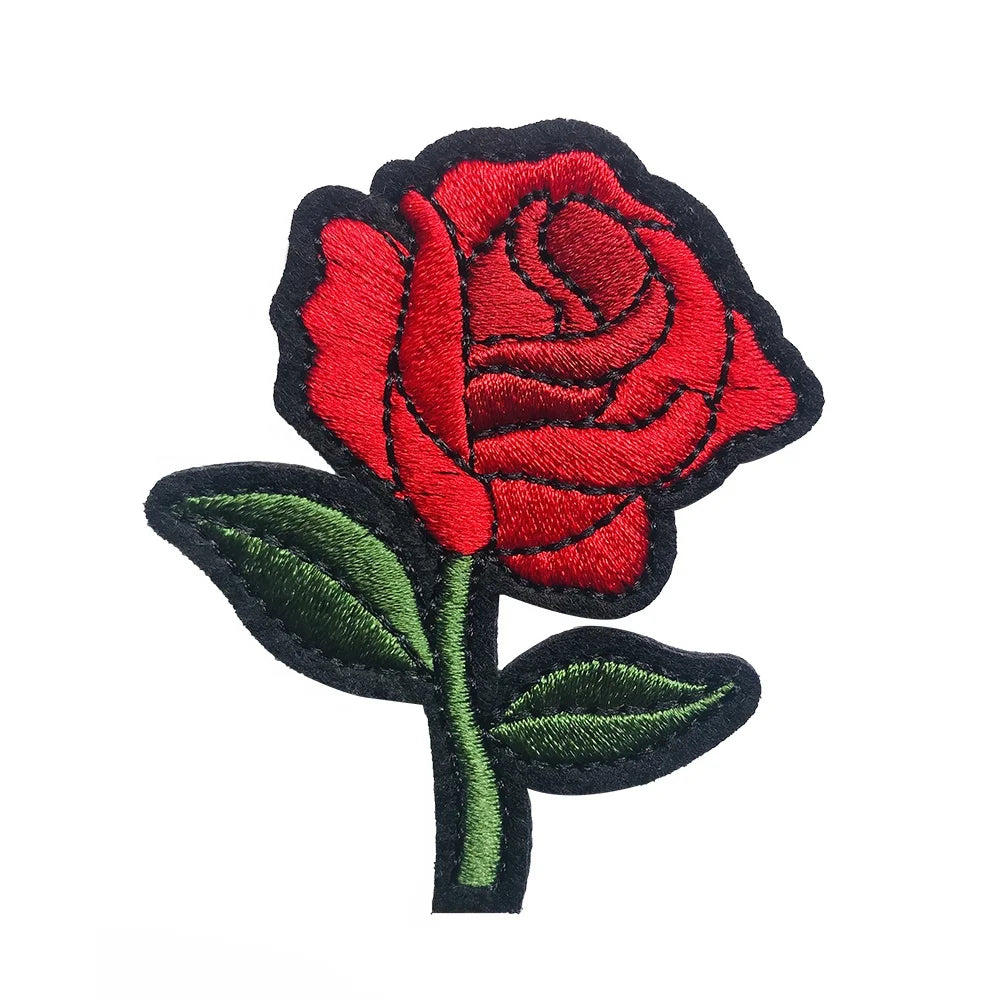 Custom Design Embroidery Patch With Embroidered Red Rose Flower