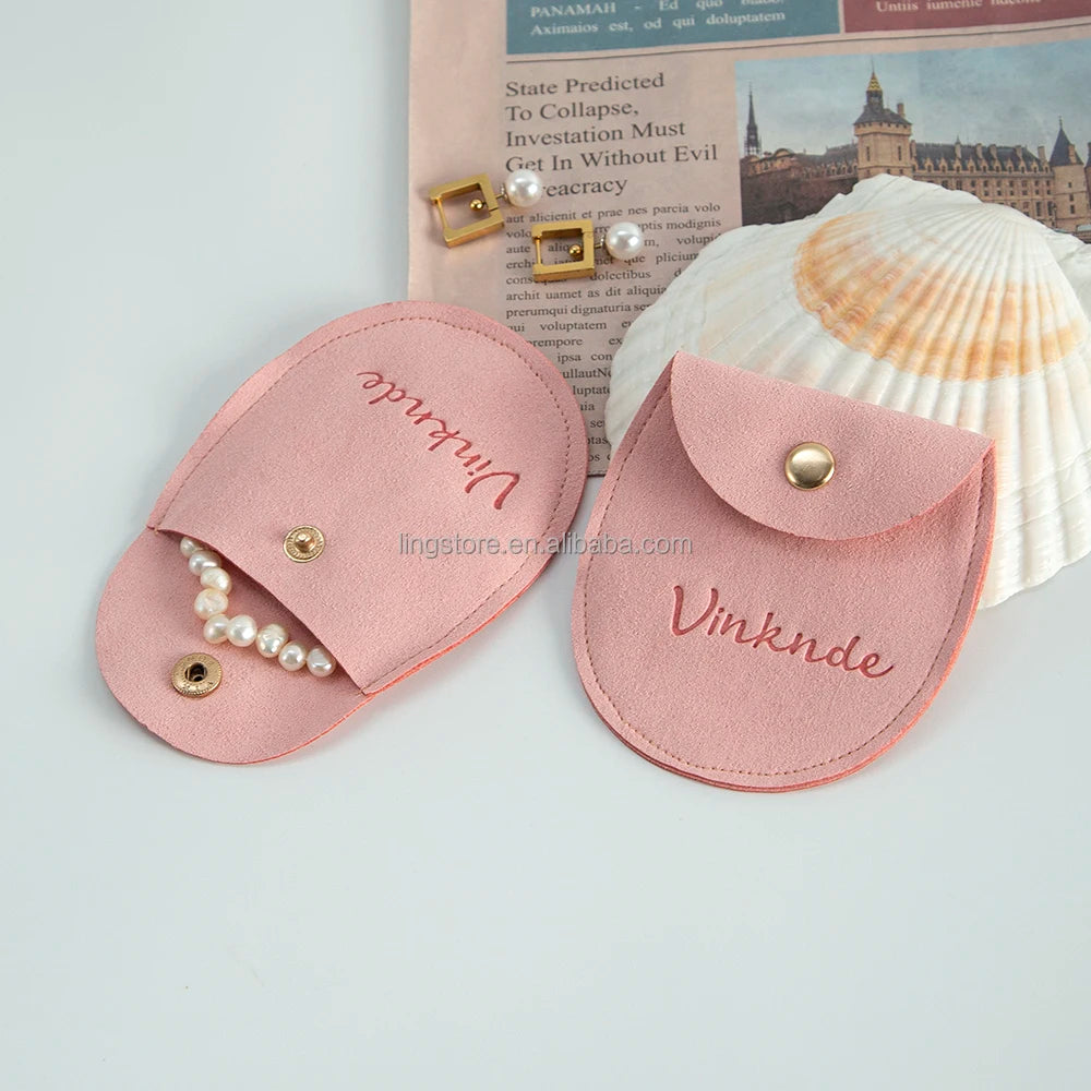 Custom New Design 7.8 x 8.5cm Microfiber Jewelry Pouch Bag Pink Oval Suede Pocket with Gold Button for Earrings Rings
