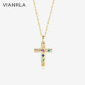 VIANRLA Jewelry Necklace Colorful CZ Cross Pendant 925 Sterling Silver 18k Gold Chain Dainty Jewelry