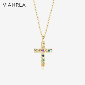 VIANRLA Jewelry Necklace Colorful CZ Cross Pendant 925 Sterling Silver 18k Gold Chain Dainty Jewelry