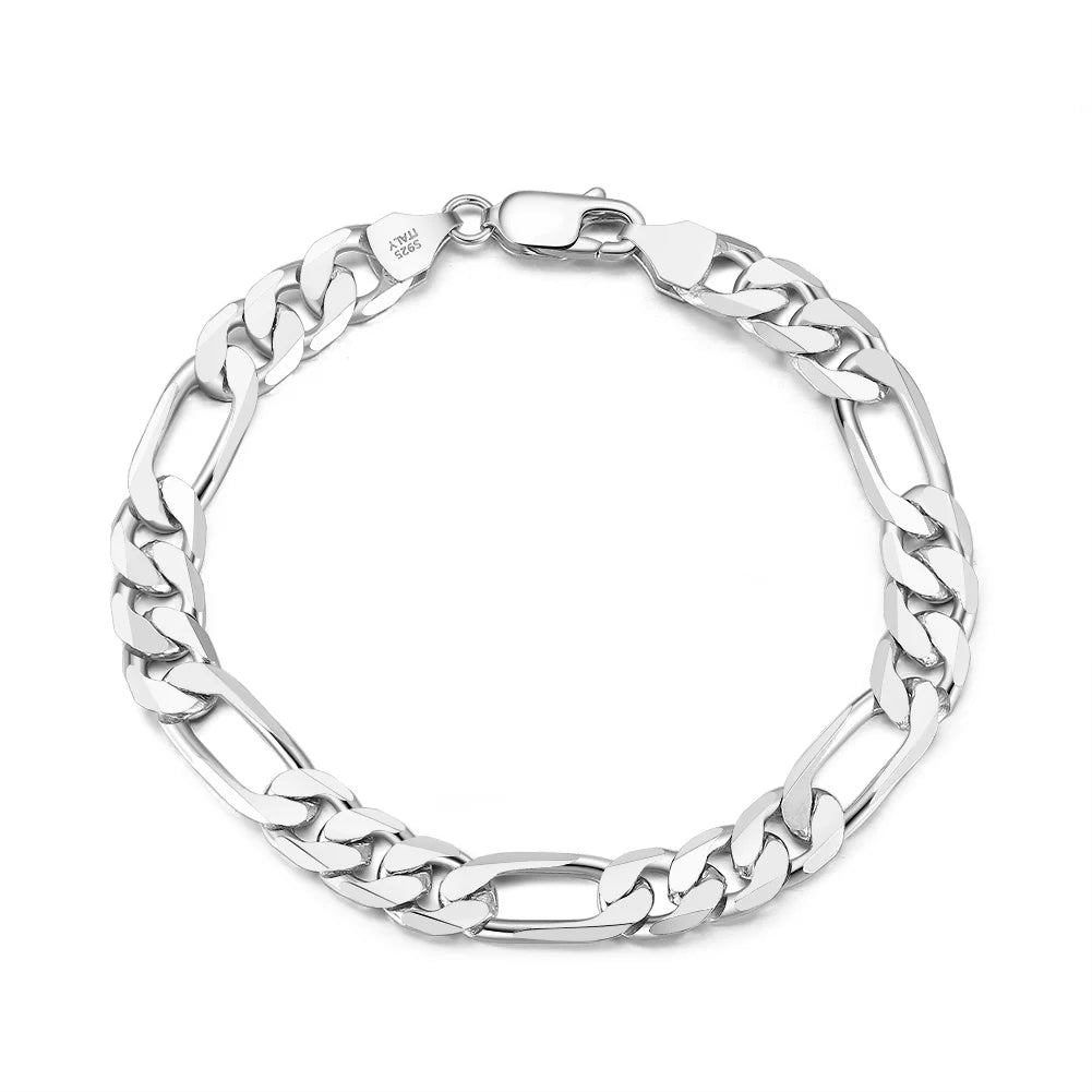 RINNTIN SB108 Hiphop Thick Silver Chain Bracelet 925 Sterling Silver Diamond-Cut Figaro Link Chain Bracelet for Men