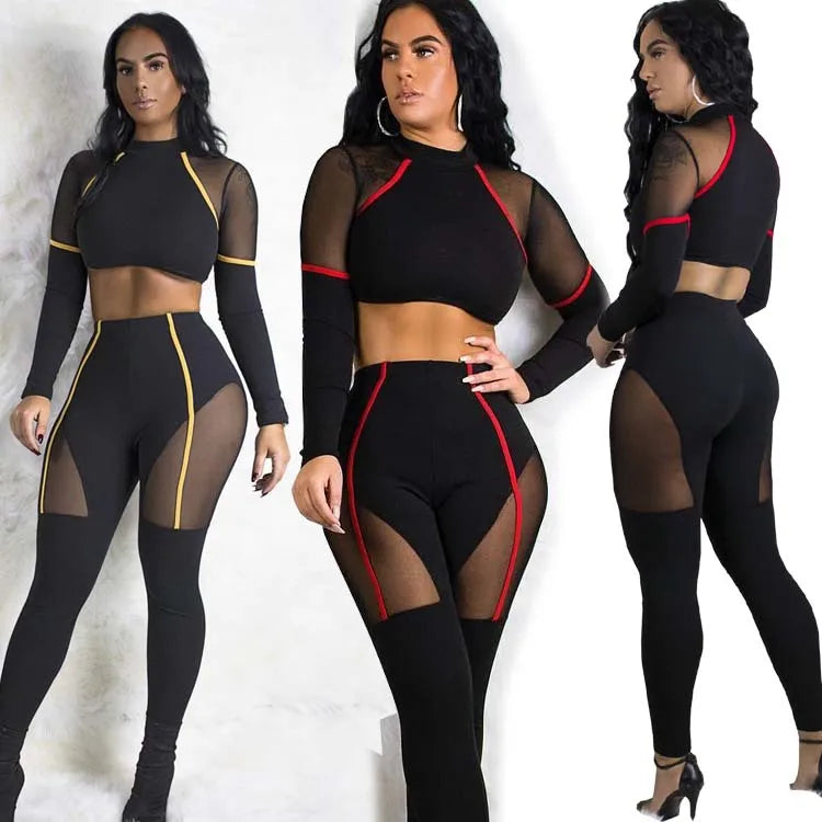 New Sport Set Mesh Patchwork Two Piece Set Woman Yoga Fitness Clothing Long Sleeves Lace Gym Wear