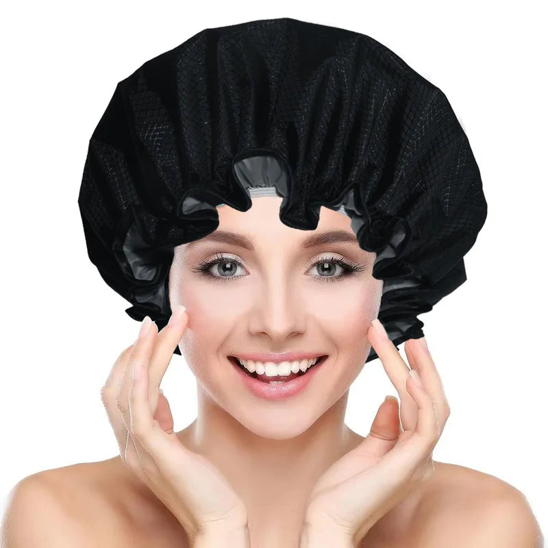 White Reusable Double-Layer Satin & PEVA Lining Luxury Eco-Friendly Waterproof Shower Cap with Soft Comfortable Bathing Hair Cap