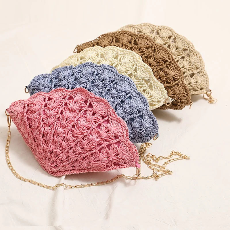 Elegant Shell Embellished Straw Crossbody Purse Hollow Fan Shape Handwoven Bag for Women Seaside Holiday