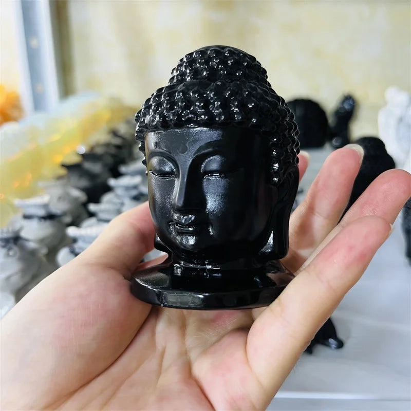 Wholesale Buddha Statue Natural Crystal Carving Black Obsidian Crystal Buddha Head Crystal Crafts