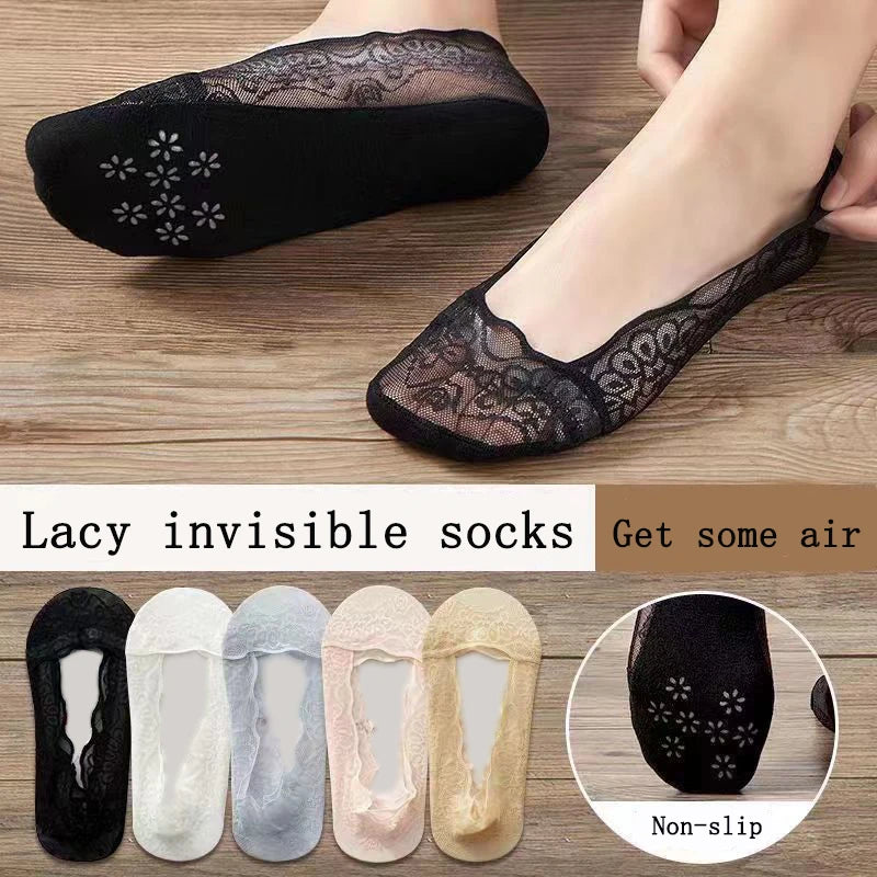 5 Pairs/set Women Thin Low Cut Quick Dry Invisible Anti-slip Socks Spring Summer Shallow Mouth Stealth Lace Boat Socks