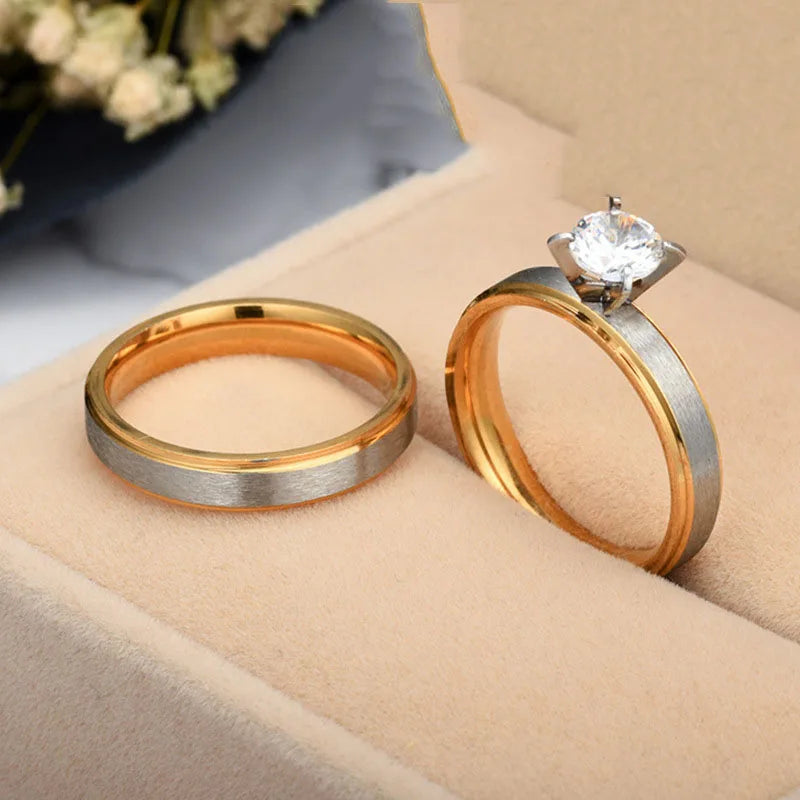 Fashion Ring With Big Zircon Gold Plating PVD Brushed Stainless Steel Couple Rings Jewelry Men Women
