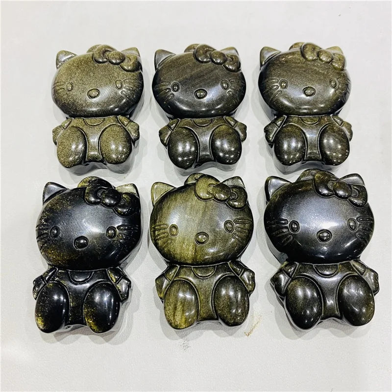 Hot Sale Crystal Stone Carved Natural Golden/Silver Sheen Obsidian Hello Kitty for Gifts