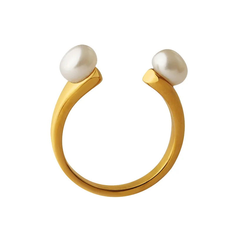 INS Simple Baroque Stainless Steel 18K Gold Plated Open Freshwater Pearl Finger Ring Titanium Steel IP U Shaped Pearl Rings