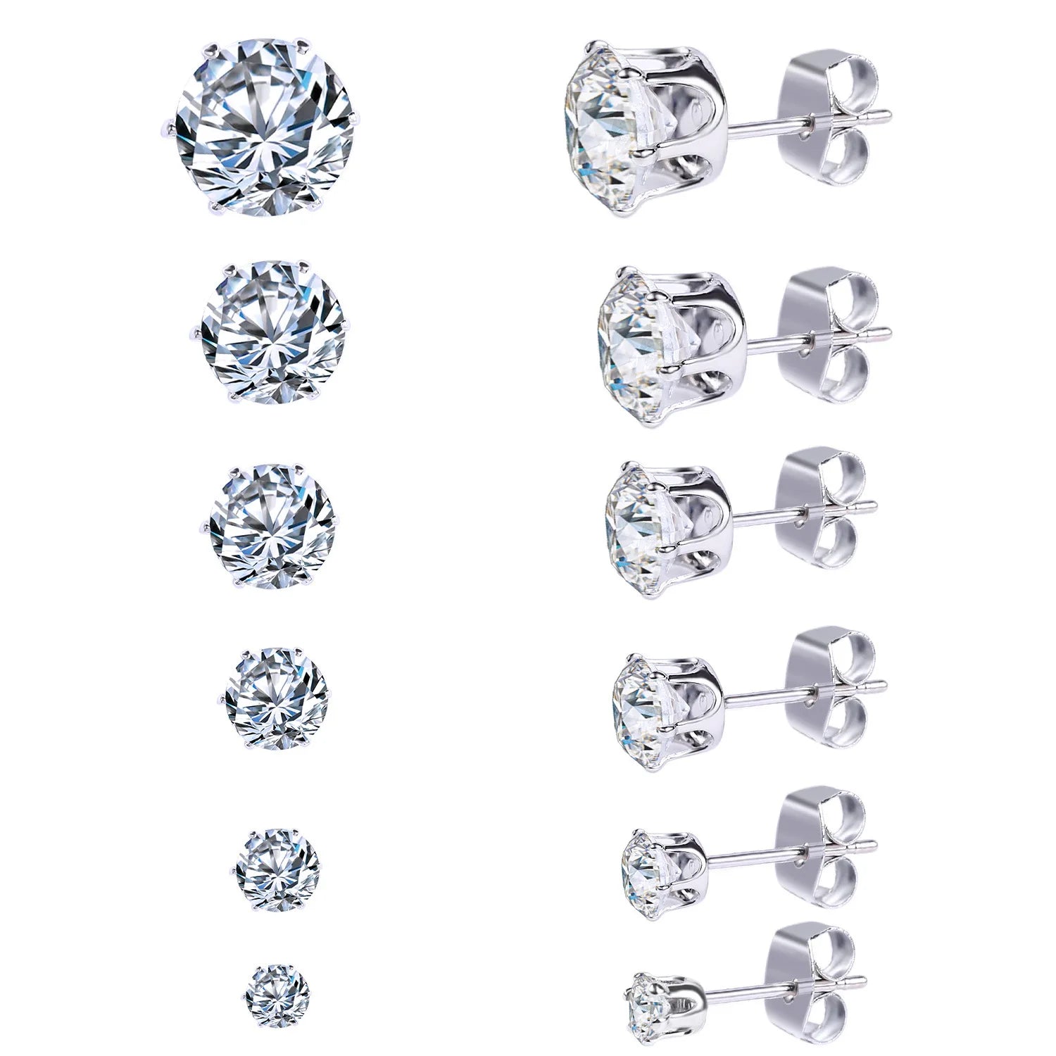Welwish Hot Sale 3 mm to 8 mm 6 Paris Stainless Steel Zircon Earring Set for Women