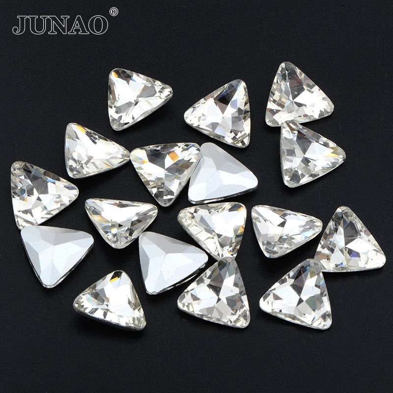 JUNAO 6mm 10mm 18mm Triangle Shape Clear Crystal Strass Non Hotfix Diamond Pointback Glass Rhinestones for Garment