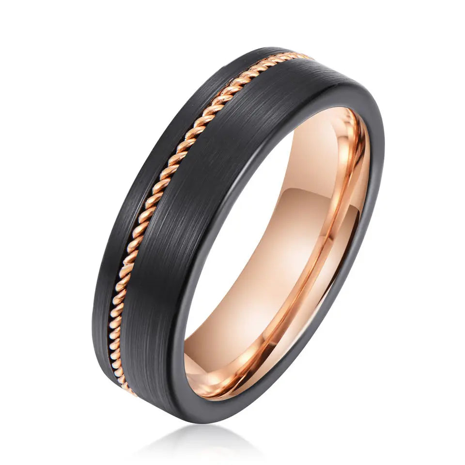 Ouyuan Jewelry Ready to Ship Brushed Guitar String Inlay Black Gold Tungsten Men Rings