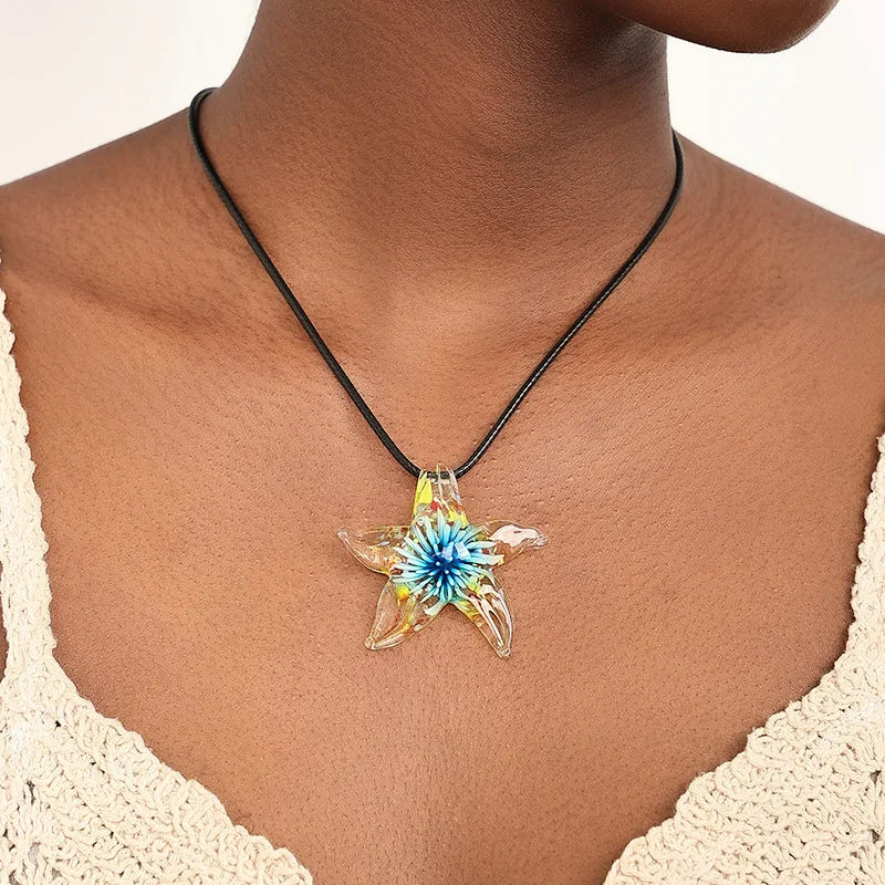New Fashion  Big Transparent Glass Star Pendant Choker Inside Starfish Pendant Necklace for Women Female