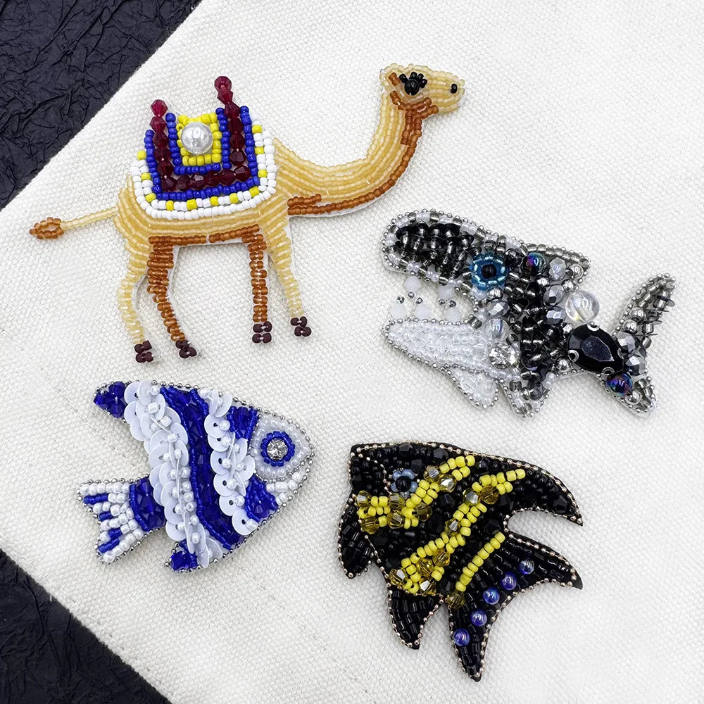 Handmade Beaded Fabric Patches with Angelfish Tropical Fish Shark Camel Patterns for Personalized Clothing Household Sundries