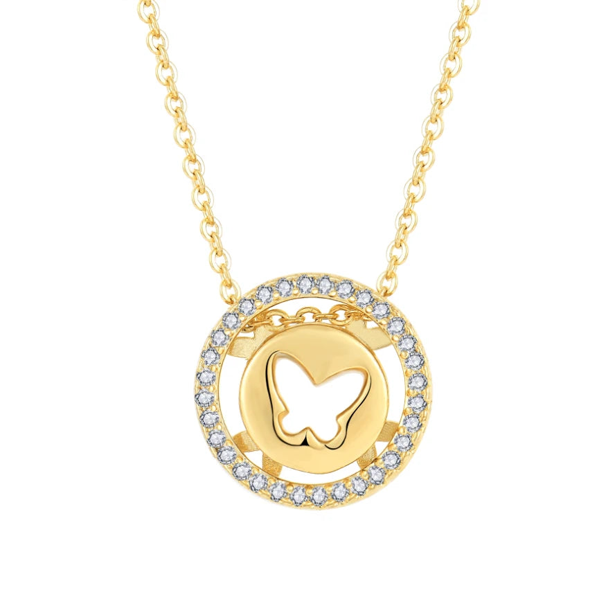 YILUN 925 Sterling Silver Plated Gold Butterfly Circle Pendant Necklace Cubic Zirconia Encrusted Butterfly Necklace for Women