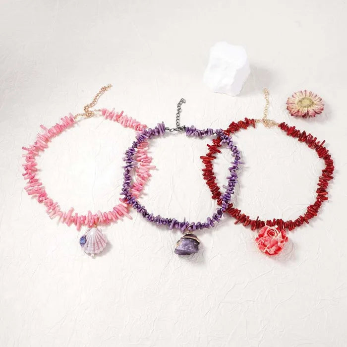 Fashion Bohemia Colorful Coral Ocean Shell Stone Flower Pendant Necklace Earring Set Jewelry