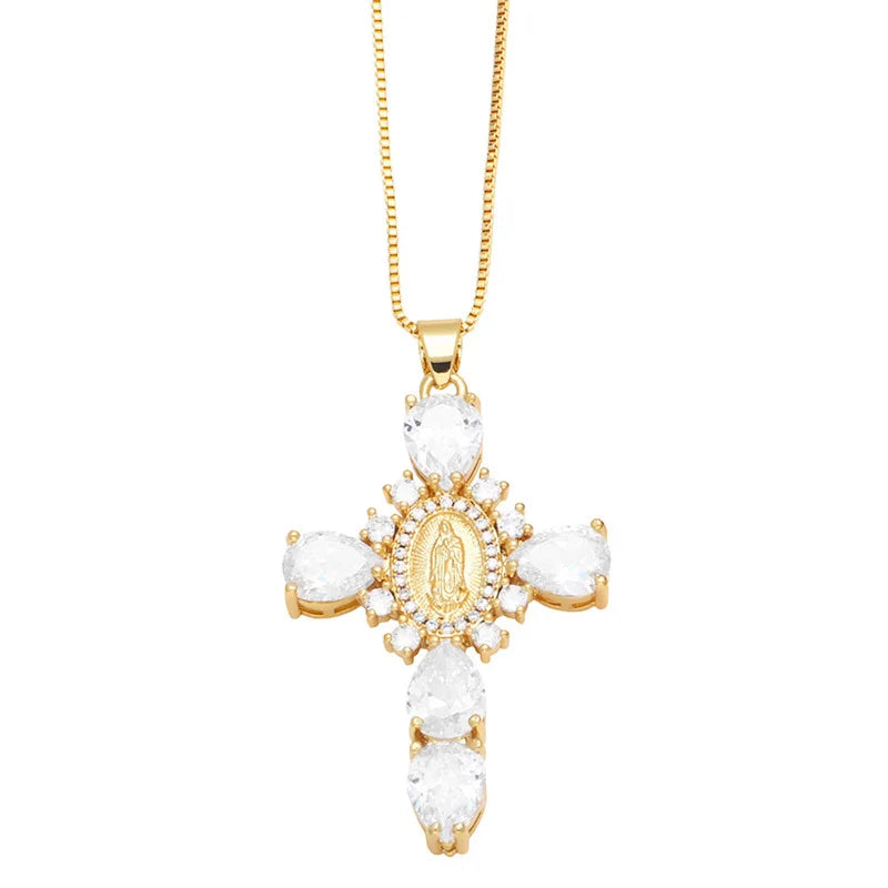 Fashion 18K Gold Plated  Stainless Steel Chain Heart Rhinestone Cross Mary Pendant Necklace for Women