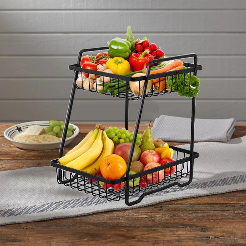 2 Tier Rack Metal Iron Art Sorting Stand Organizer Vegetable Fruit Storage Basket for Kitchen Counter