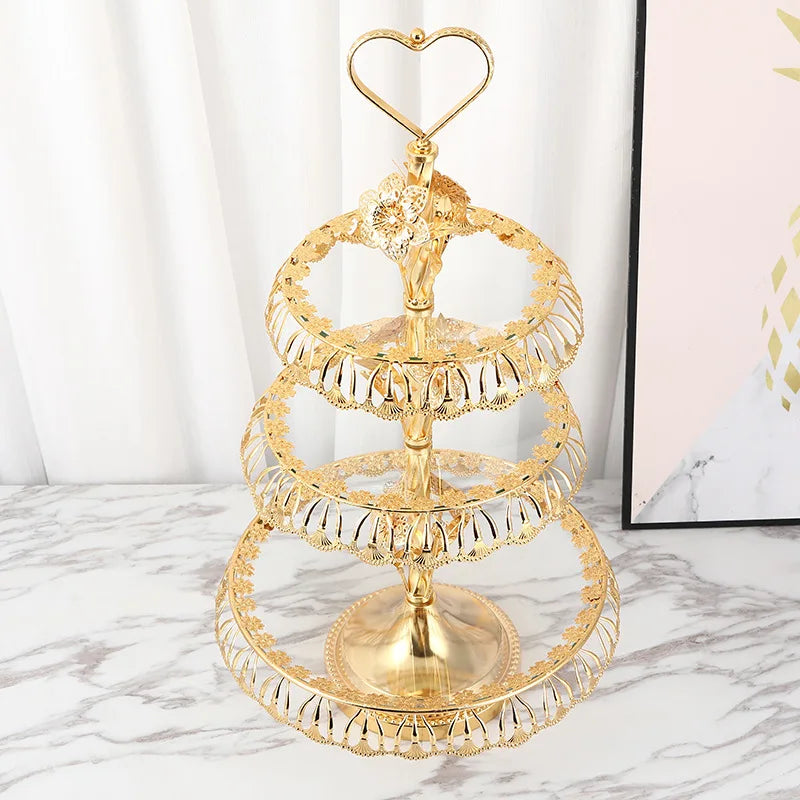 QIAN HU Luxury European Multi-layer Metal Glass Dessert Fruit Plate Afternoon Tea Tray for Home Decoration