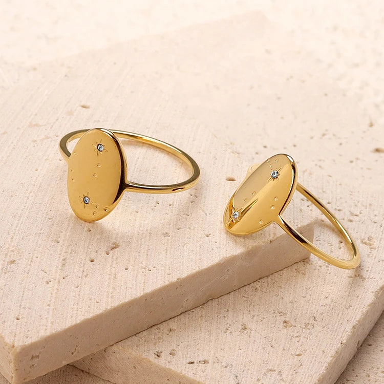 Trendy Oval Thin Ring North Star CZ Ring Stainless Steel Starburst Flower Signet Engraving Custom Ring Stainless Steel Jewelry