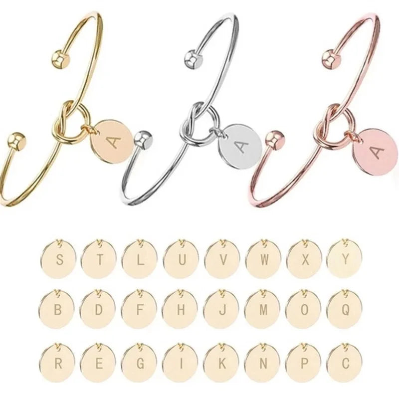 Simple Stainless Steel Gold Plated 26 Letters Charm Knot Bangle Personalized Engraved Initial Disc Open Women's Gift