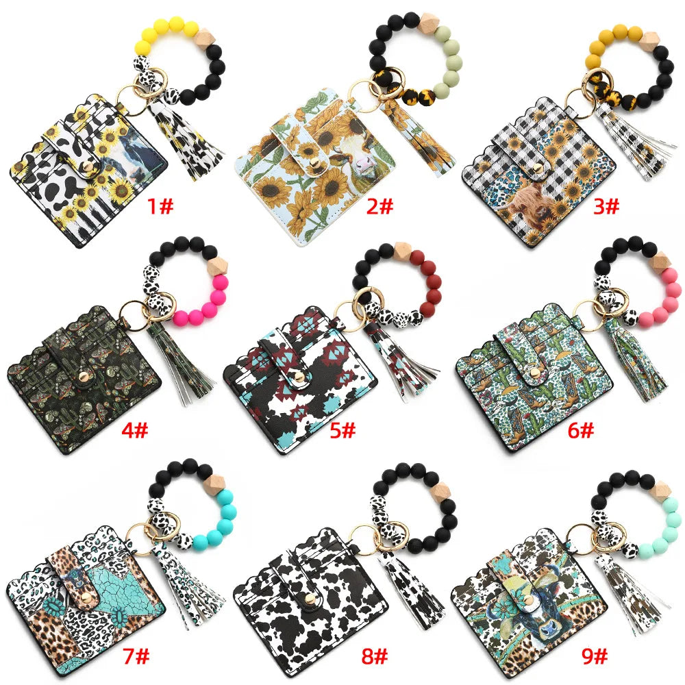 Hot Sale New Cute Sunflower Cow Printed Mini Pu Wallet Silicone BeadsBracelet Keychain With Card Holder