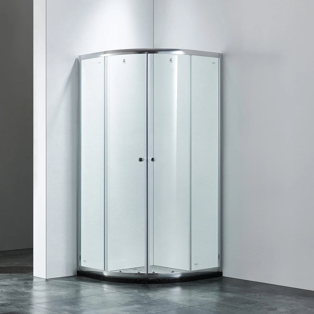 KMRY Aluminum Frame Arc Shape 4 Panels Screen Bypass Sliding Glass Bathroom Shower Door with Hinge Open Style Open Door Room