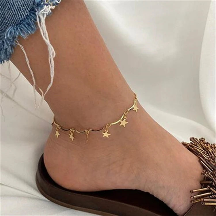 CY-02 Fashion Metal Metallic Alloy Beach Feet Jewelry Anklets Simple Single Layer Women Foot Bracelet Star Tassel Anklet