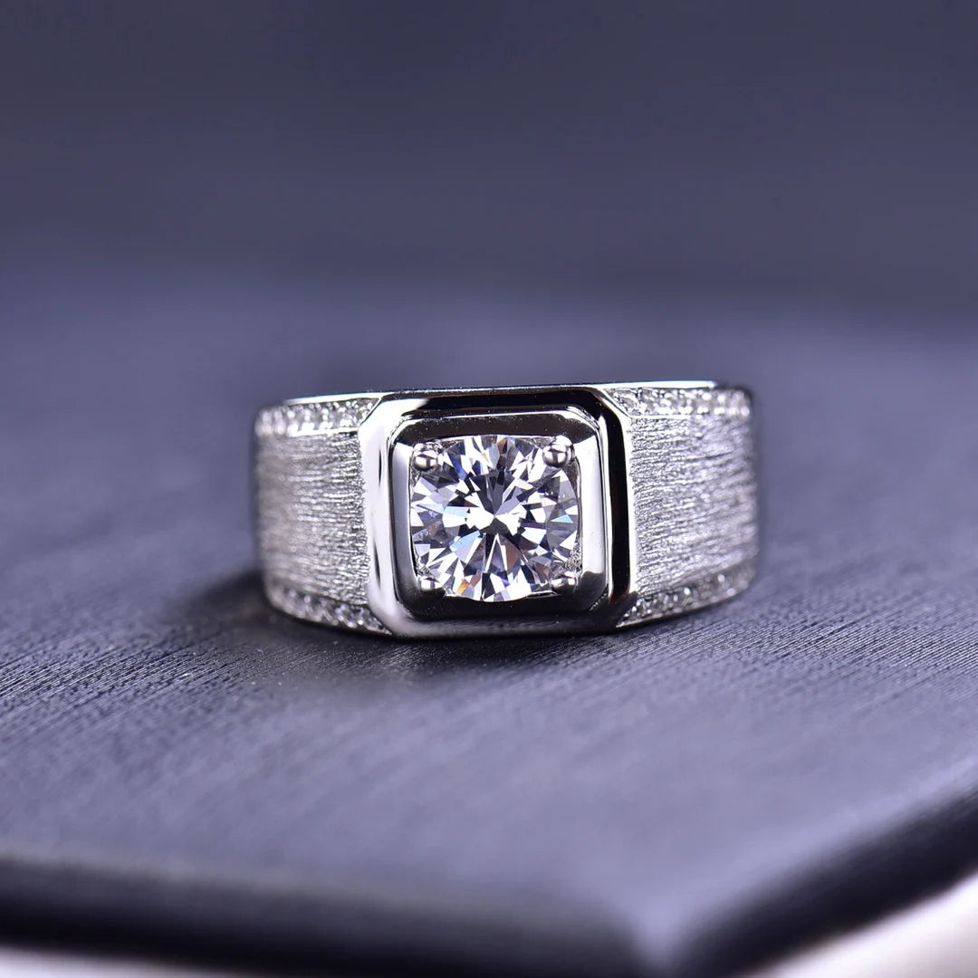Men's Trendy Silver 925 Solid Original 1 ct Brilliant Cut Pass Diamond Test Sparkling D Color Moissanite Ring Fine Jewelry