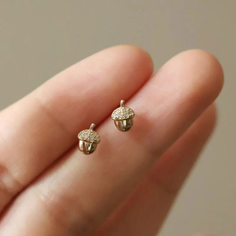 Cute Designer Pure 925 Sterling Silver Plants Oak Small Pine Cones Shaped Stud Earrings for Women Girls
